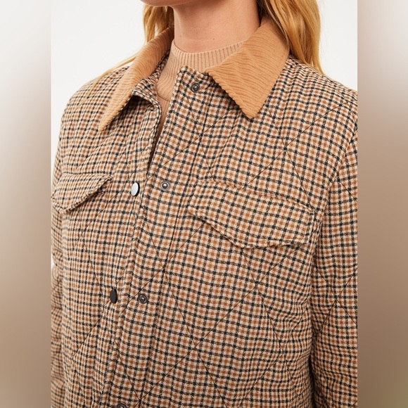 Zara Plaid Quilted Corduroy Collar Tan Cream Black Button Down Jacket Shacket - Picture 9 of 14